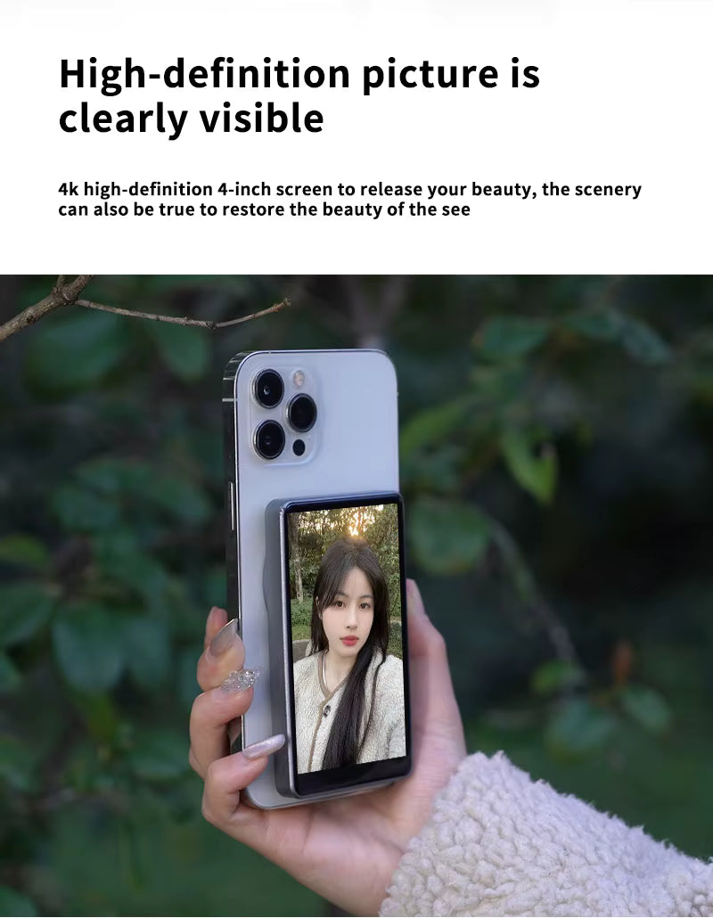 Mobile selfie wireless screen sharing device suitable for selfie live streaming, rear camera, rear selfie magnetic screen sharing device
